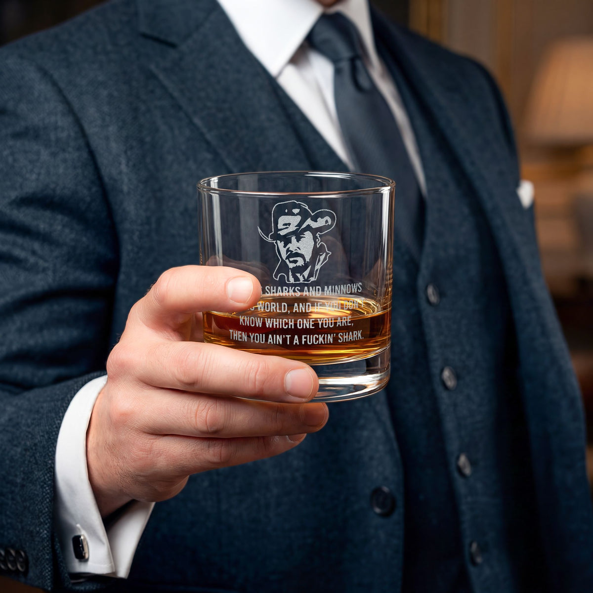 'There's Sharks and Minnows'  –  Engraved Whiskey Glass 10.5 oz