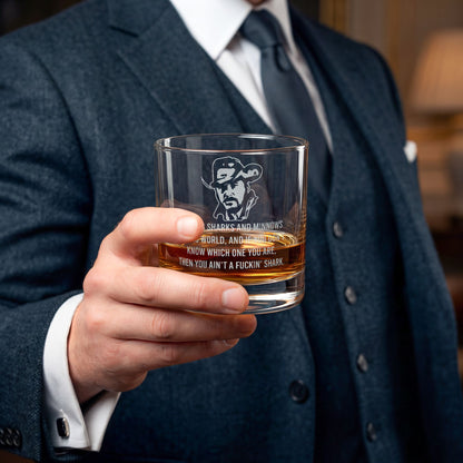 'There's Sharks and Minnows'  –  Engraved Whiskey Glass 10.5 oz