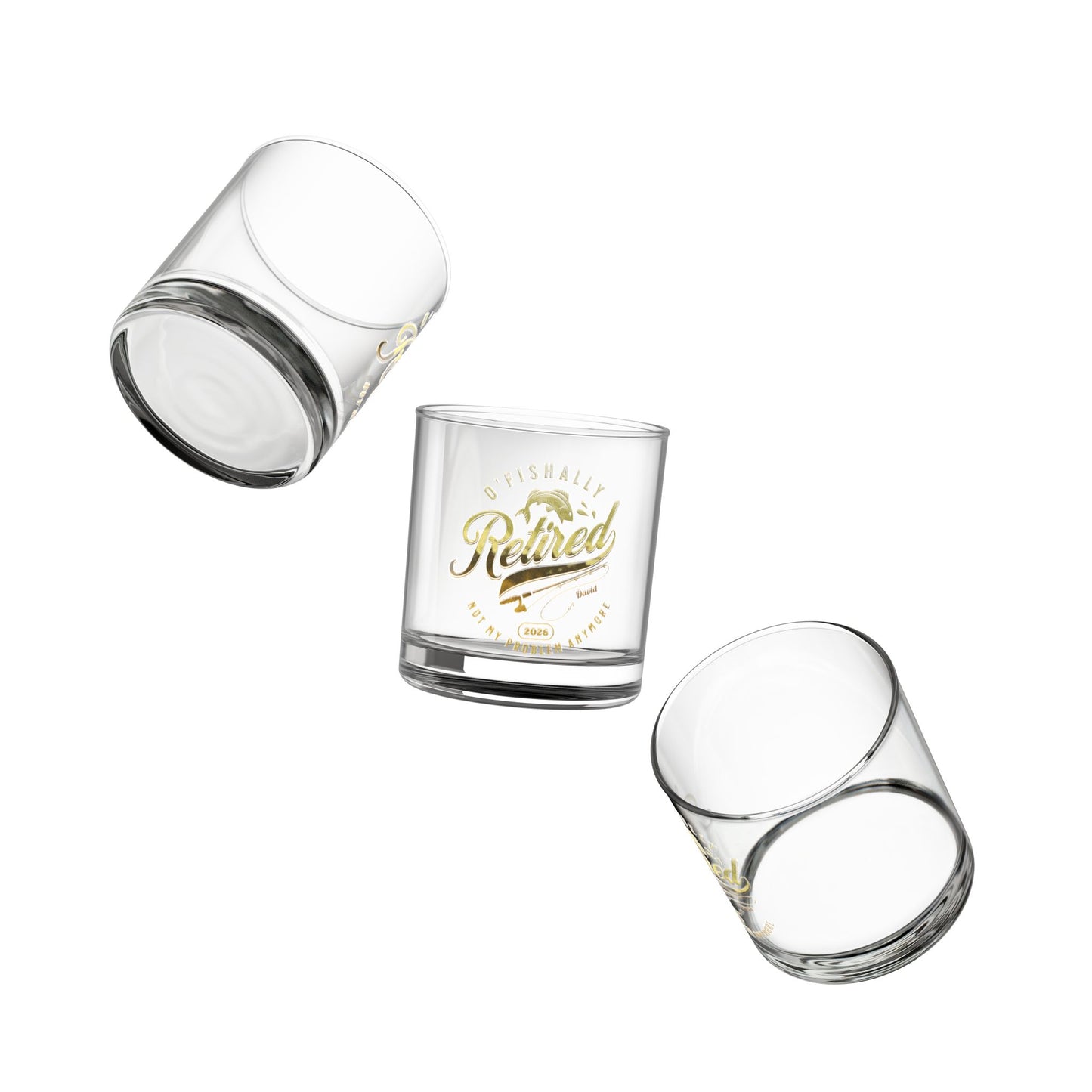 O'Fishally Retired 2026 - Personalized Gold Whiskey Glass