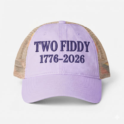 Two Fiddy 1776–2026 Embroidered - Women's Washed Mesh-Back Cap
