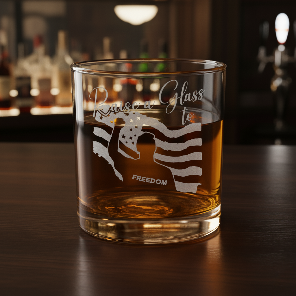 Engraved Whiskey Glass - " Raise a Glass to FREEDOM"  10.5oz