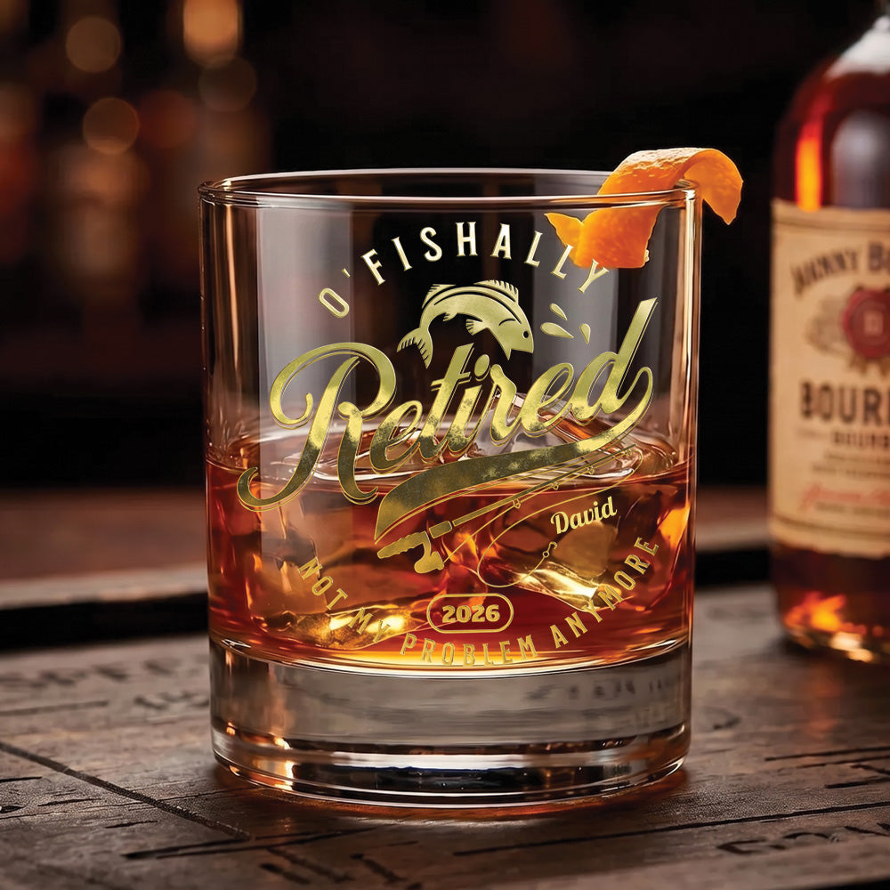 O'Fishally Retired 2026 - Personalized Gold Whiskey Glass