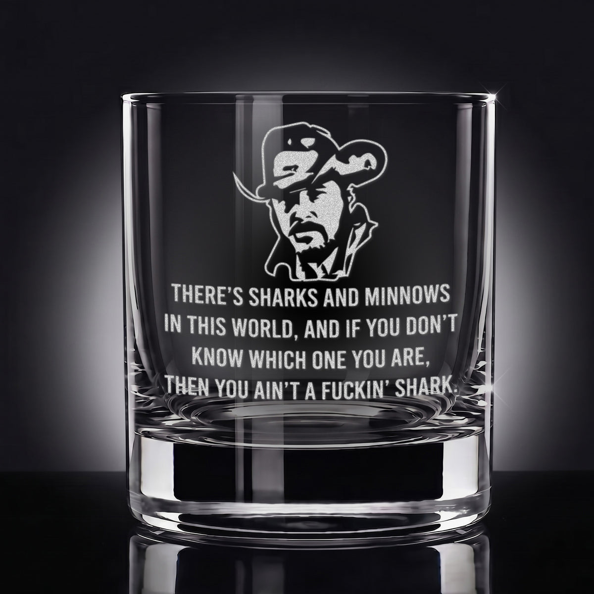 'There's Sharks and Minnows'  –  Engraved Whiskey Glass 10.5 oz
