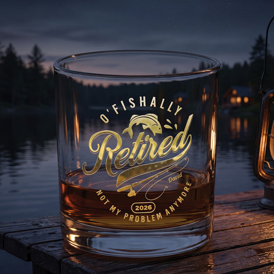 O'Fishally Retired 2026 - Personalized Gold Whiskey Glass