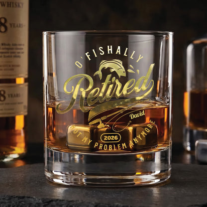 O'Fishally Retired 2026 - Personalized Gold Whiskey Glass