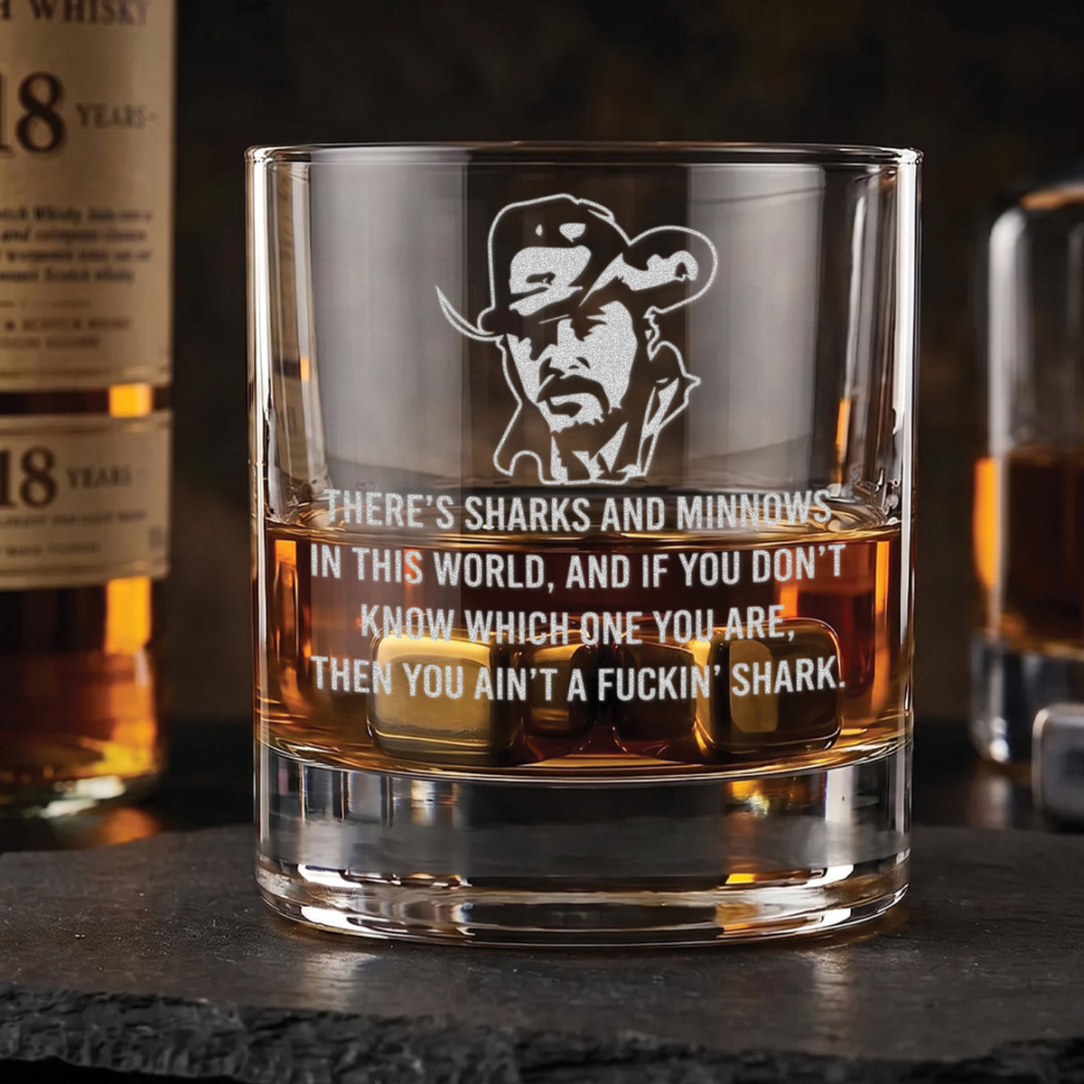 'There's Sharks and Minnows'  –  Engraved Whiskey Glass 10.5 oz